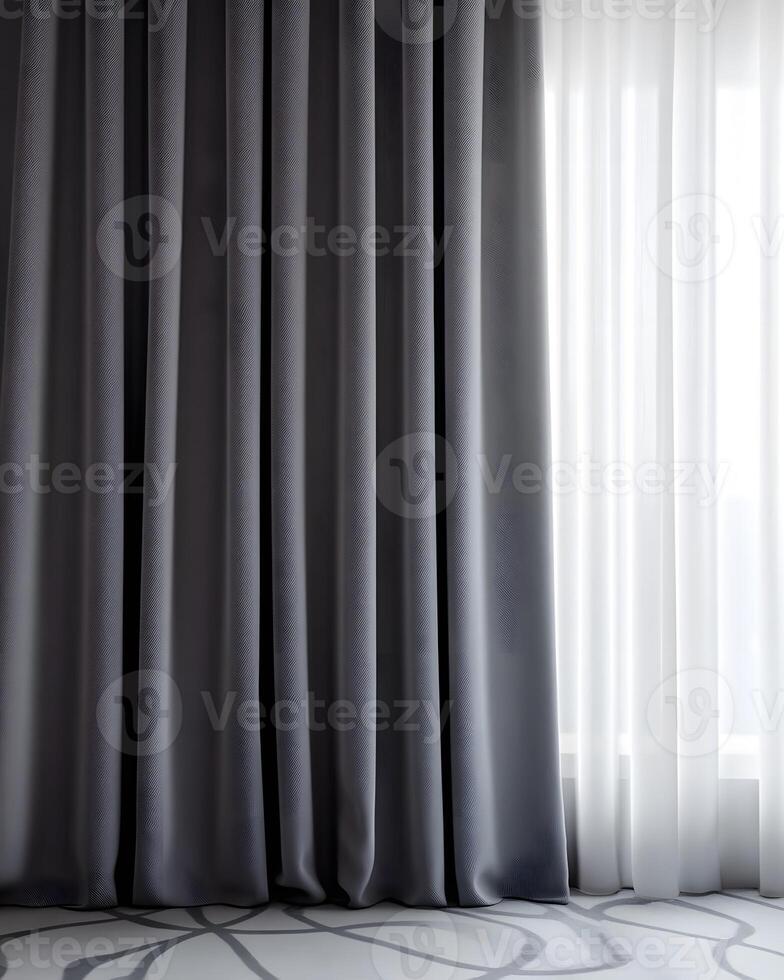 Gray and White Curtains and Window with Patterned Floor photo