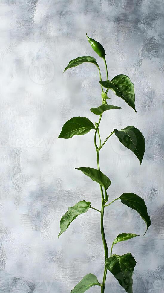Green Chili Pepper Plant Against Gray Background photo