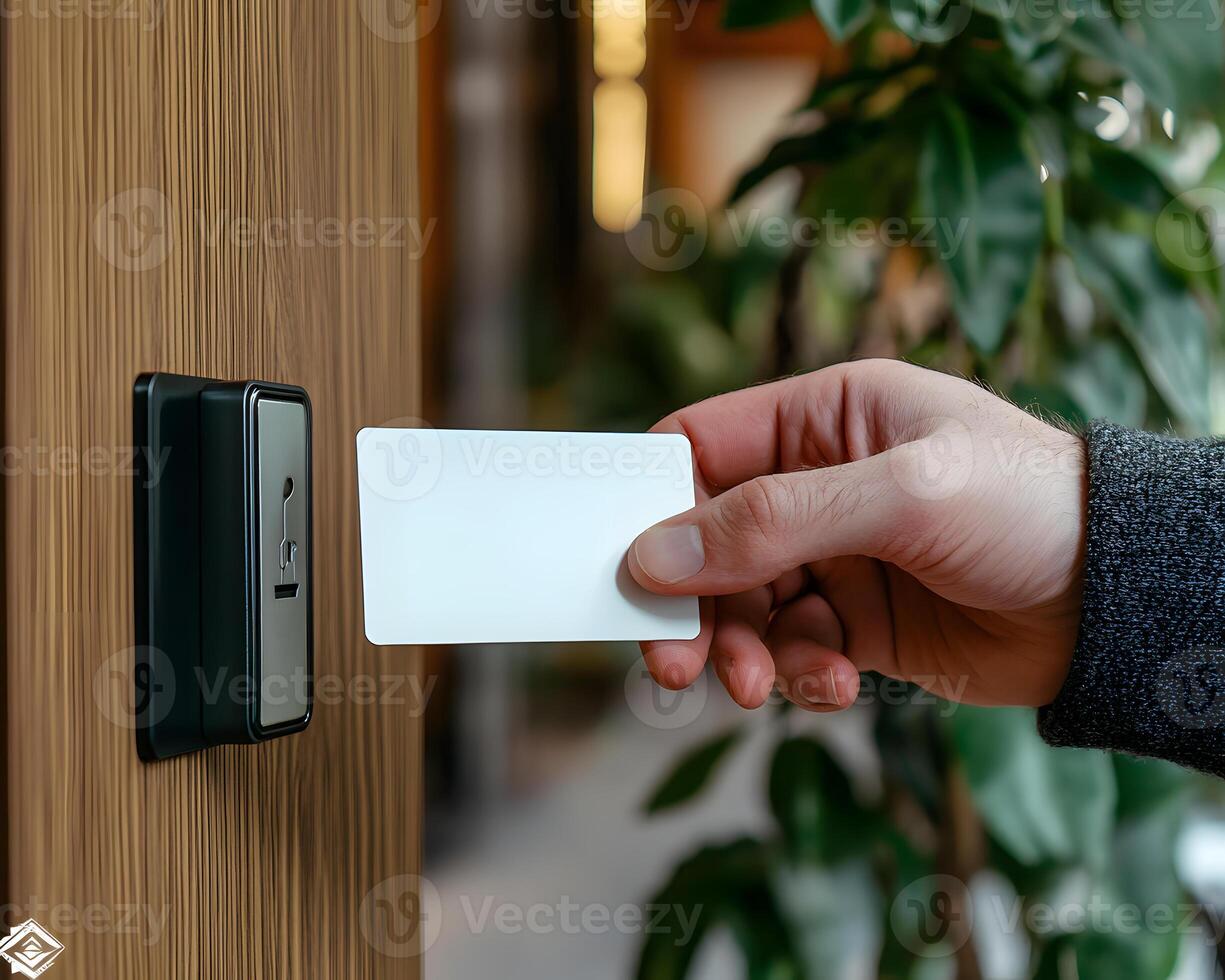 Hand Presenting Blank Key Card to Reader on Wooden Door photo