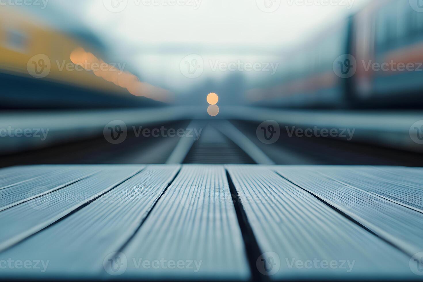 Grey Wood Surface with Blurred Trains and Railway Tracks photo