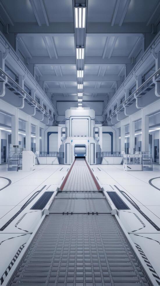 3d rendering interior white and clean empty futuristic factory with conveyor belt photo