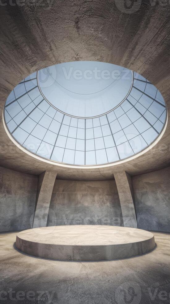 Empty room with a circular window and a stage photo