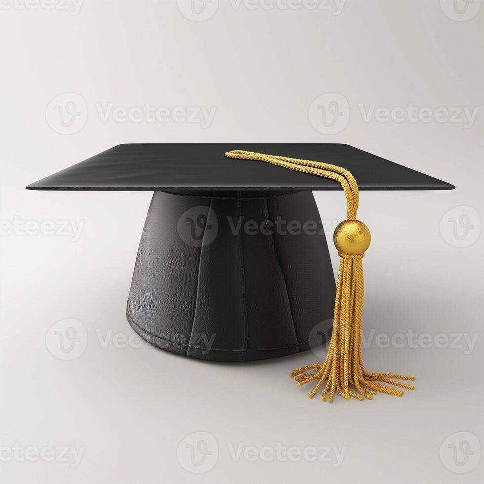 A black graduation cap with a golden tassel on a neutral background. photo