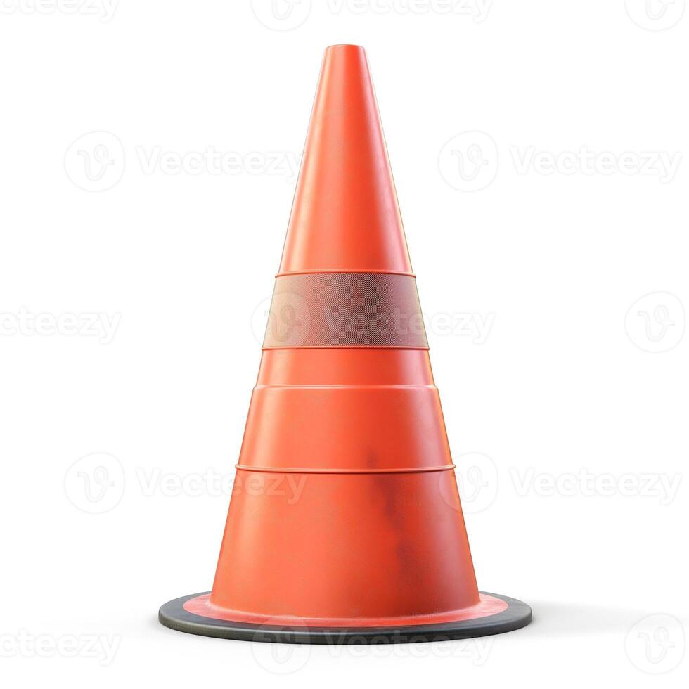 A stack of four vibrant orange traffic cones against a clean white background, emphasizing safety and organization. photo