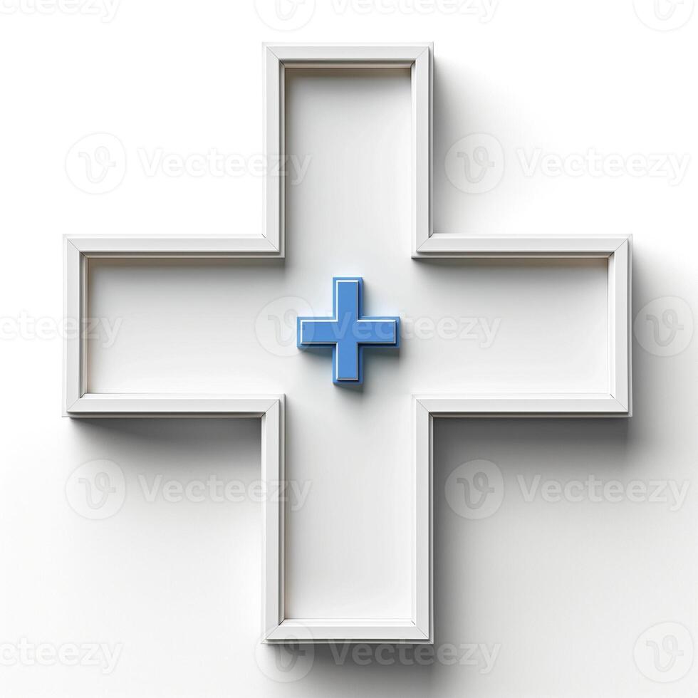A minimalist design featuring a blue medical cross in a white frame, symbolizing health and care. photo