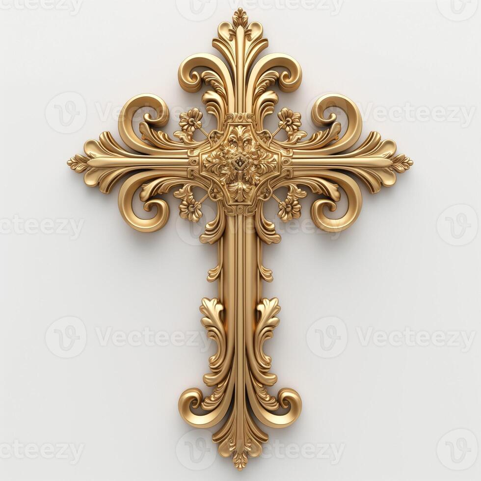 A beautifully ornate golden cross with intricate detailing and floral motifs, symbolizing faith and artistry. photo