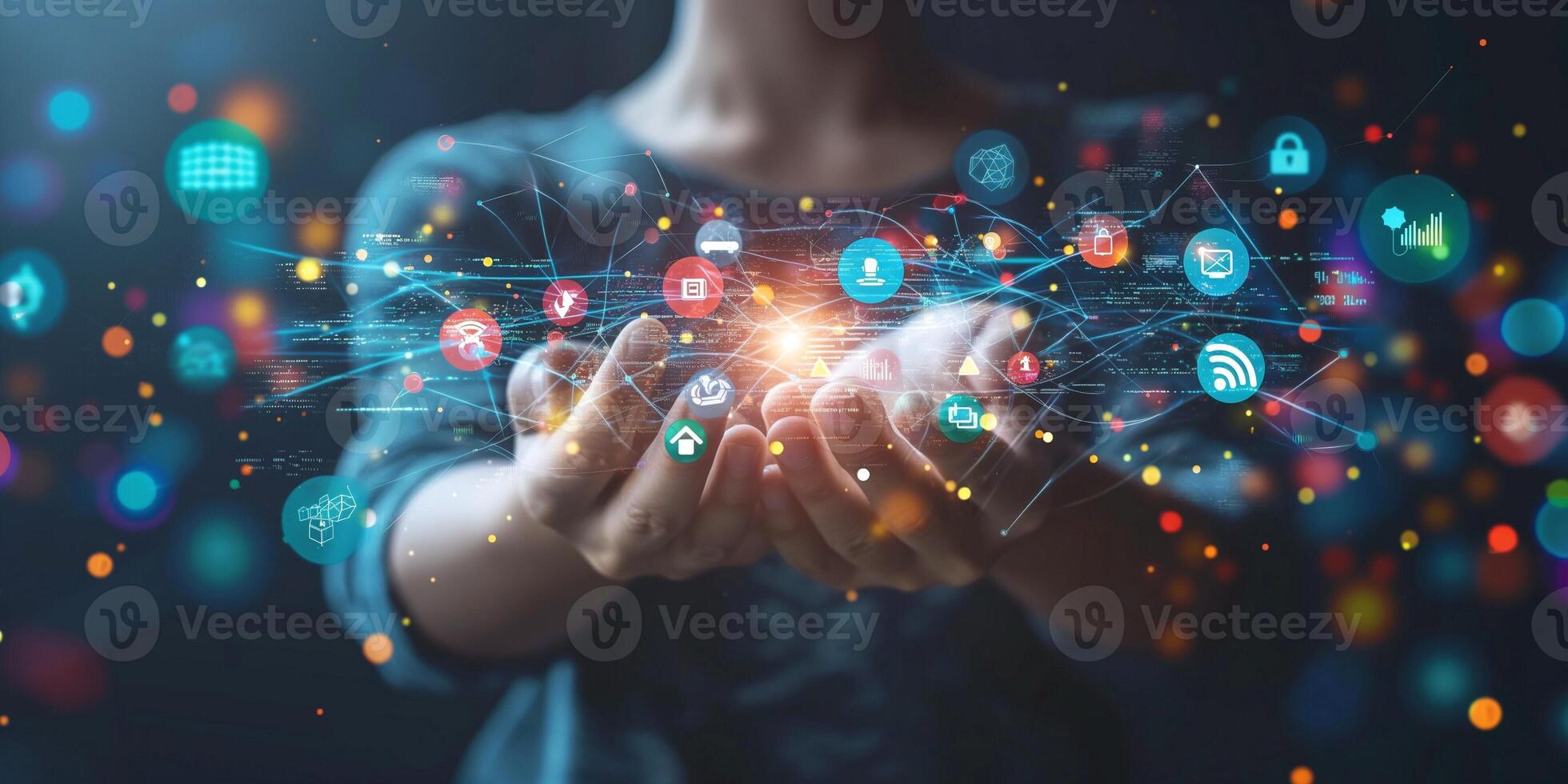 A person with a blurred figure holds a digital network of icons representing technology and communication, symbolizing innovation and connectivity. photo