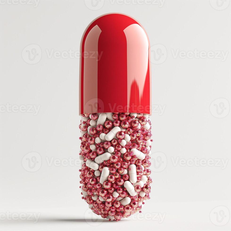 A large red capsule filled with smaller white capsules and pink spheres on a plain background, symbolizing medicine and health. photo