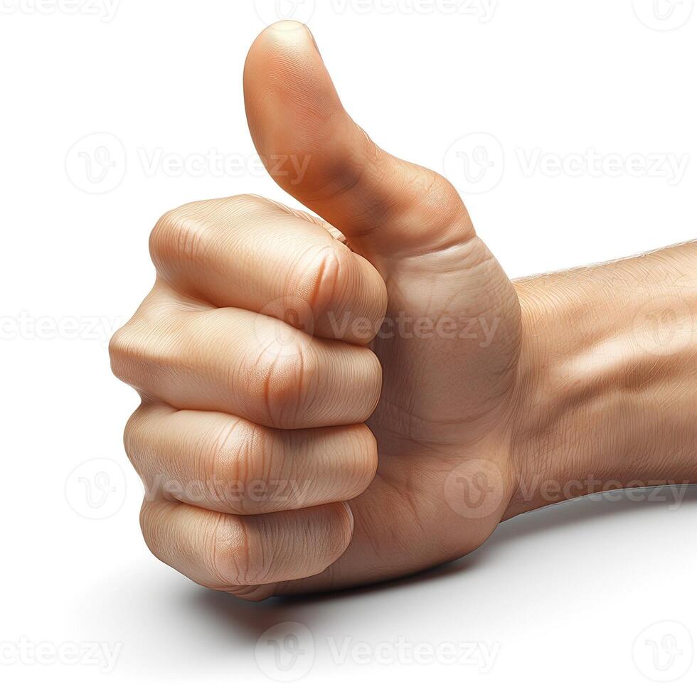 A close-up of a human hand giving a thumbs up gesture, symbolizing approval and positivity. photo