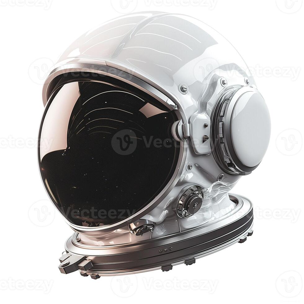 A sleek white astronaut helmet featuring a large dark visor and intricate details, symbolizing space exploration. photo