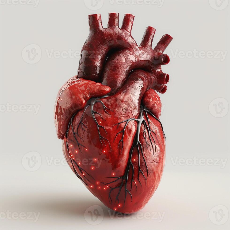 A highly detailed, realistic rendering of a human heart with illuminated veins, showcasing its intricate structure and vibrant red color. photo