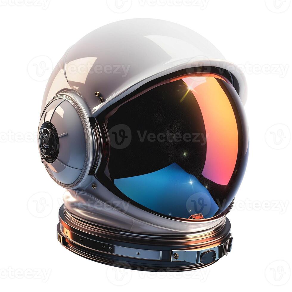 A futuristic astronaut helmet with a reflective visor, showcasing sleek design and advanced technology. photo