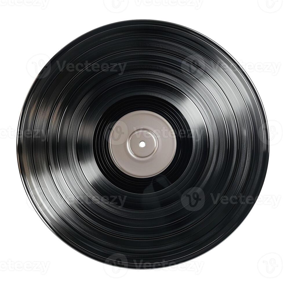 A classic black vinyl record viewed from above, showcasing its smooth surface and grooves. photo