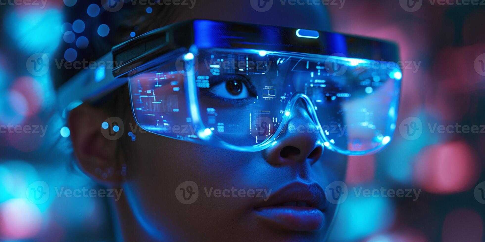 A young Black woman wearing futuristic augmented reality glasses, illuminated by vibrant blue and purple lights, showcasing a tech-savvy vibe. photo