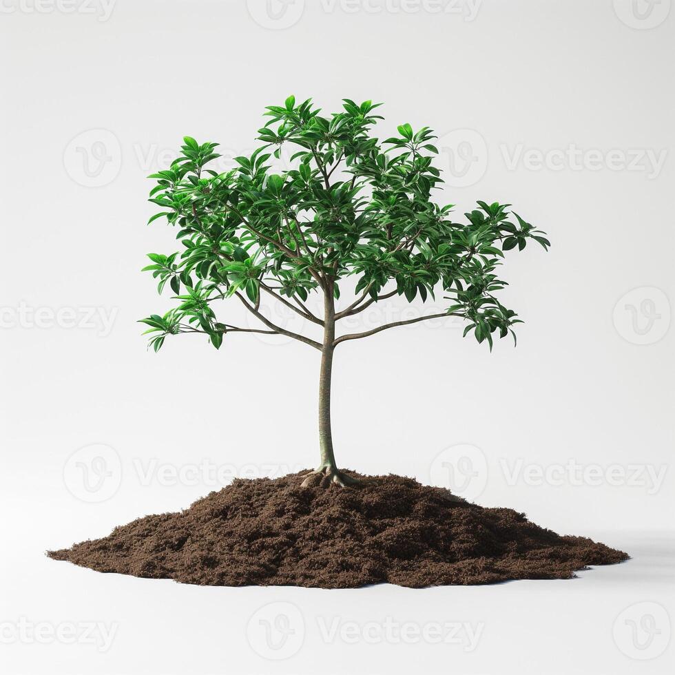 A vibrant green tree standing on a mound of rich, dark soil, symbolizing growth and vitality. photo