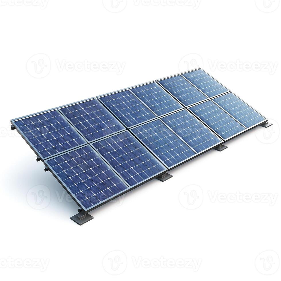 A modern solar panel array featuring multiple photovoltaic modules in a sleek design. photo