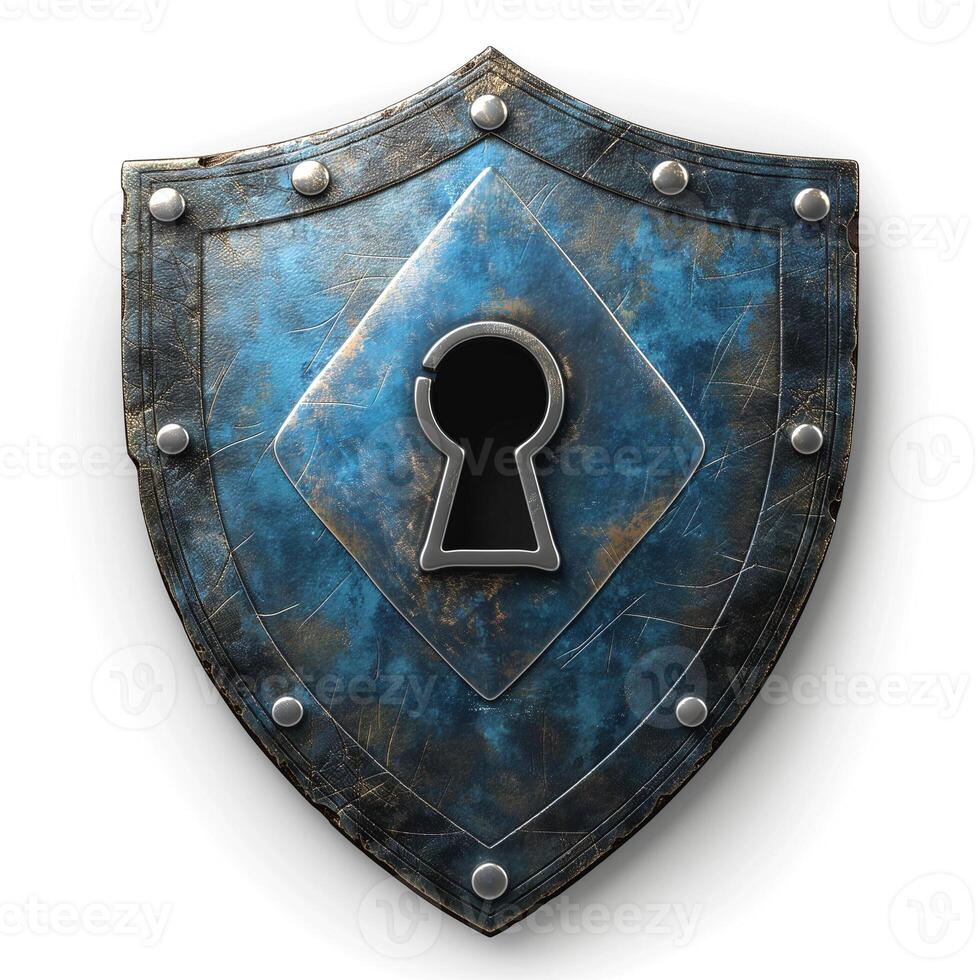 A close-up of a vintage blue shield with a keyhole, symbolizing security and protection. photo