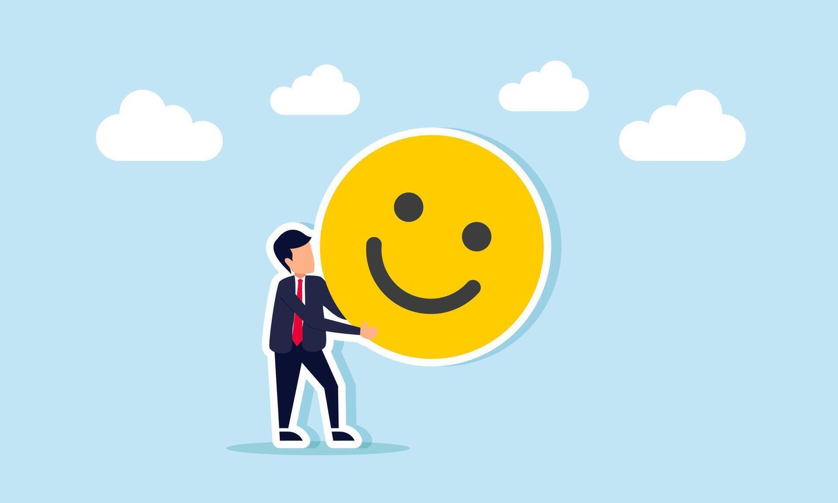 Businessman lifts a happy emoticon, illustration of gaining good attention from the market vector