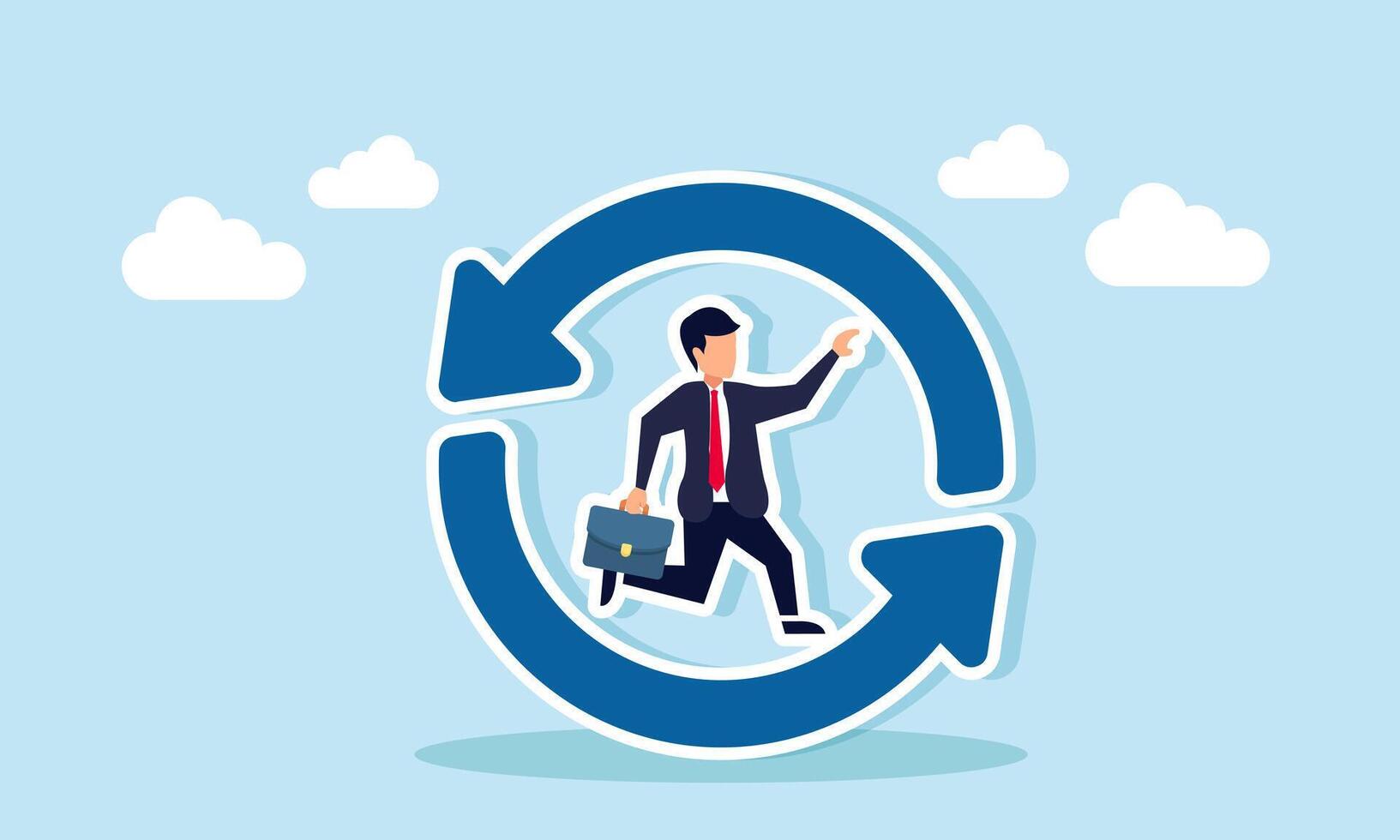 A businessman runs inside a recycle symbol, illustration of a sustainable business system vector