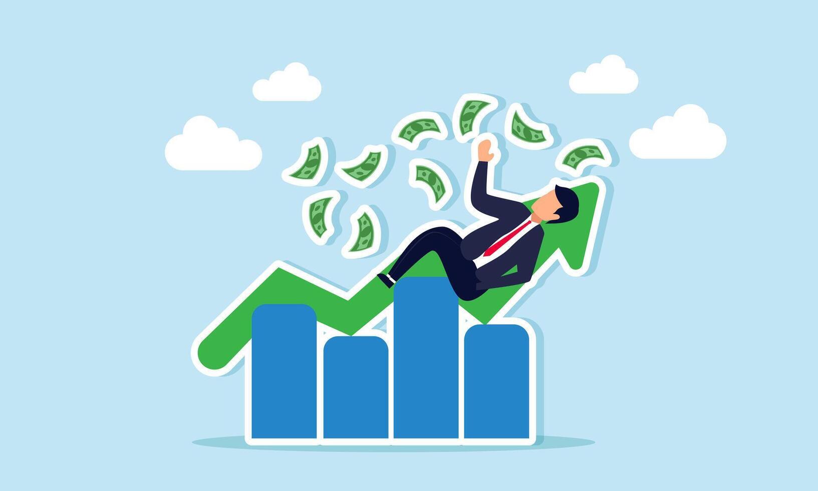 Businessman relaxes on a rising chart with money flying around, illustration of increasing profit, revenue, and business valuation vector