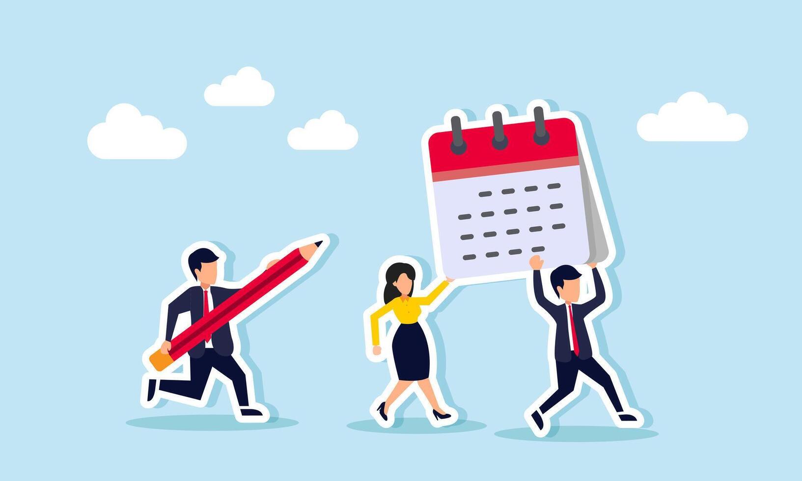 Businessman and businesswoman run carrying a calendar, while another businessman chases them with a pencil, illustration of managing and planning schedules vector