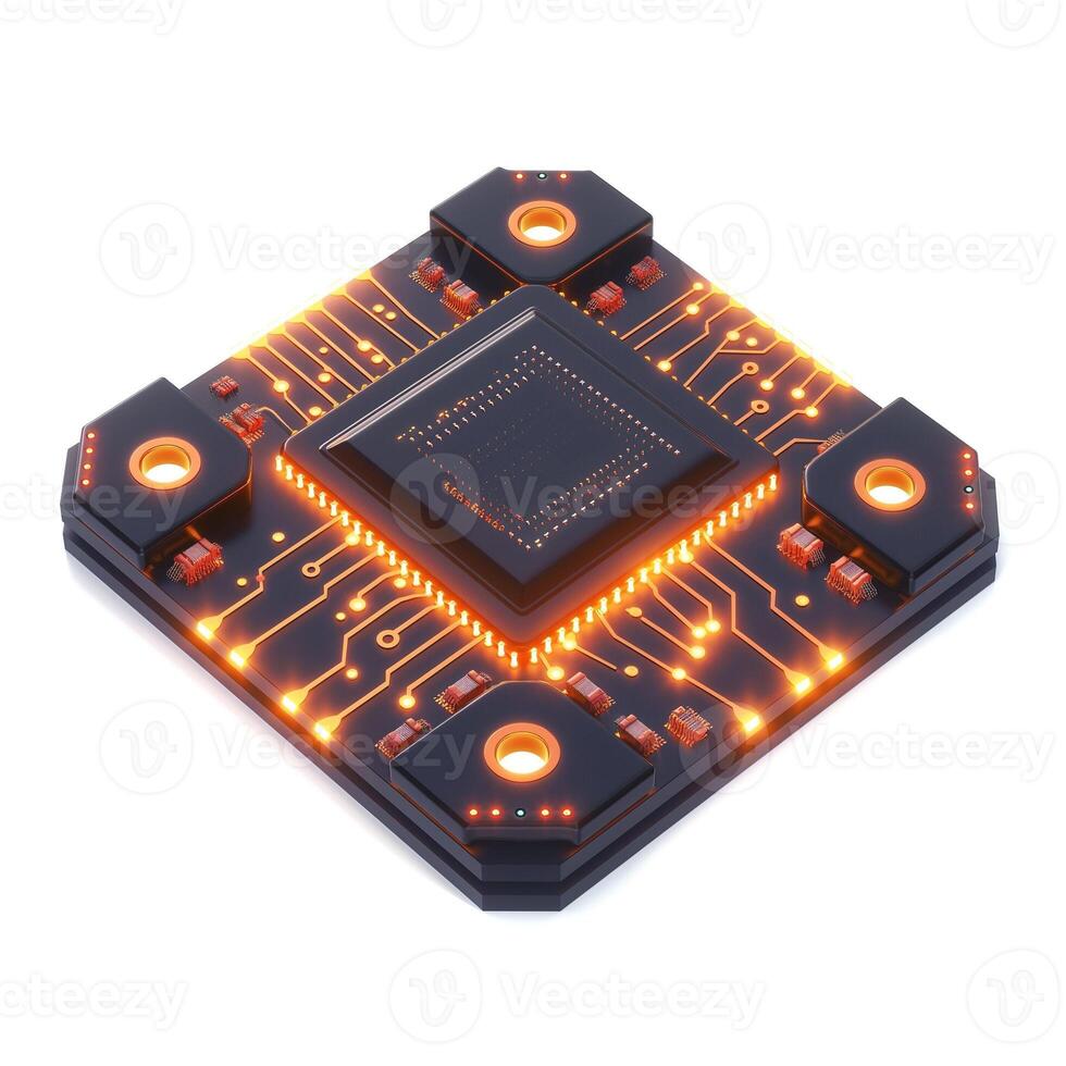 A futuristic computer chip featuring glowing circuits and a sleek design, emphasizing technology and innovation. photo