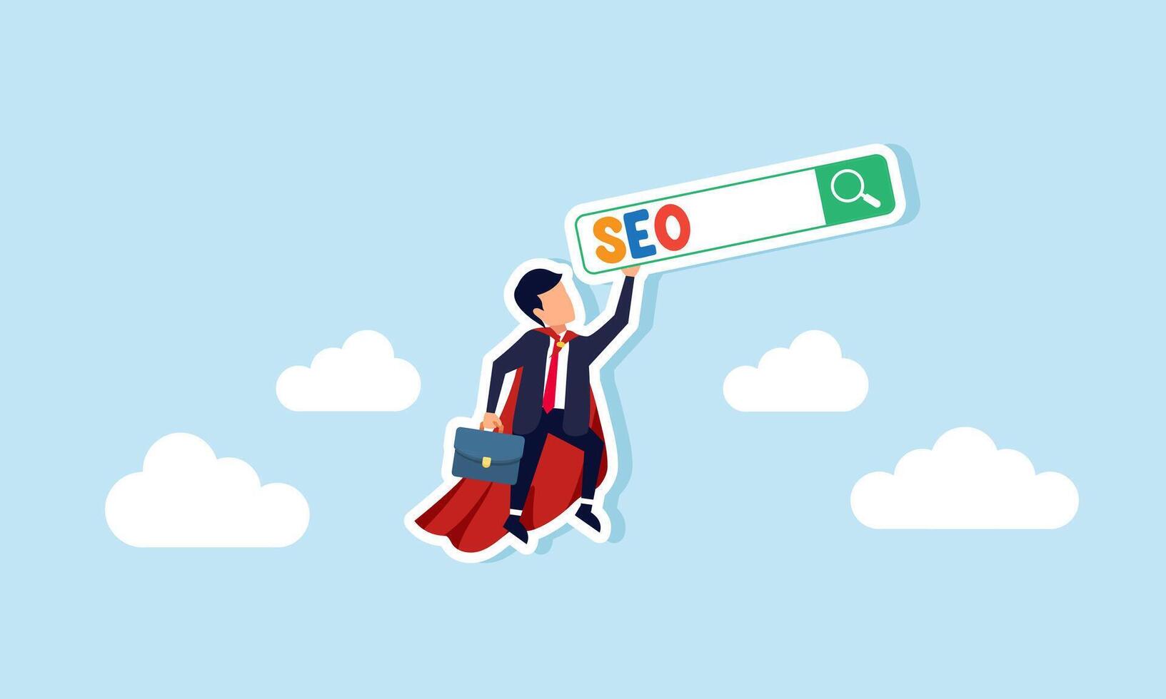 Super businessman lifts a search engine labeled SEO, soaring through the sky, illustration of digital marketing skills in analyzing SEO to boost business sales effectively vector
