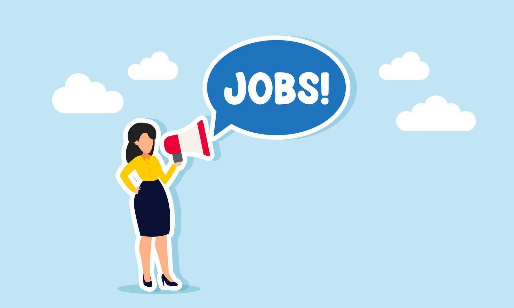 A businesswoman speaks using a megaphone with a dialogue bubble saying JOBS, illustration of advertising or promoting an open job or job vacancy vector