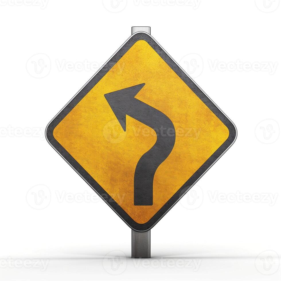 A clear view of a yellow curved left turn road sign, symbolizing caution for drivers approaching a bend. photo