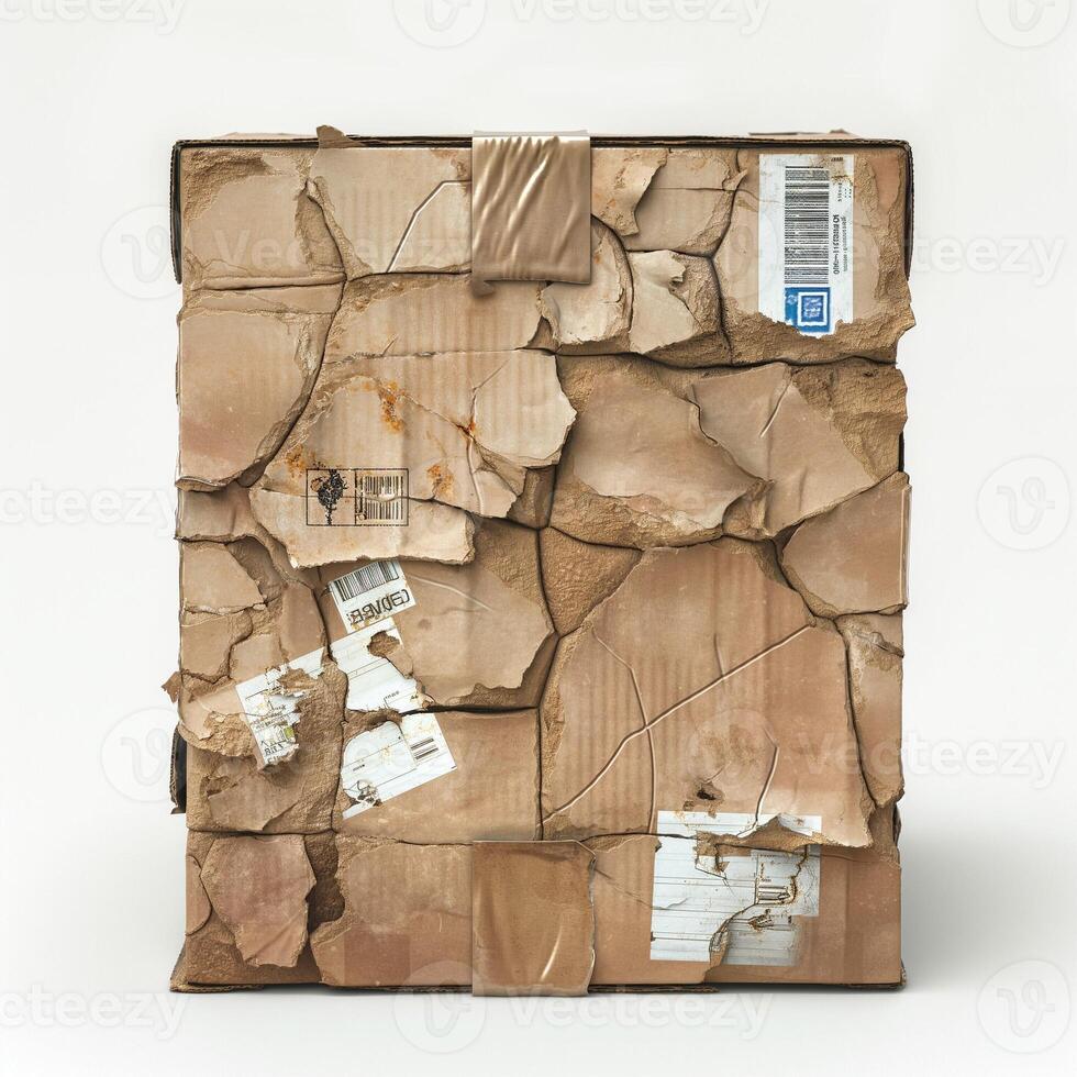 A weathered cardboard box showcasing a patchwork of peeling labels and textures, emphasizing age and wear. photo