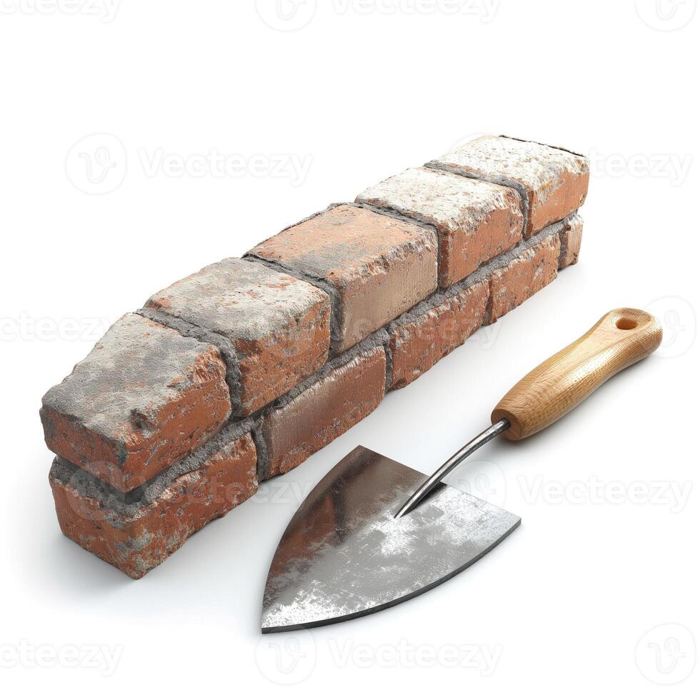 A close-up shot of a weathered brick with a trowel on a white background, showcasing essential tools for masonry work. photo