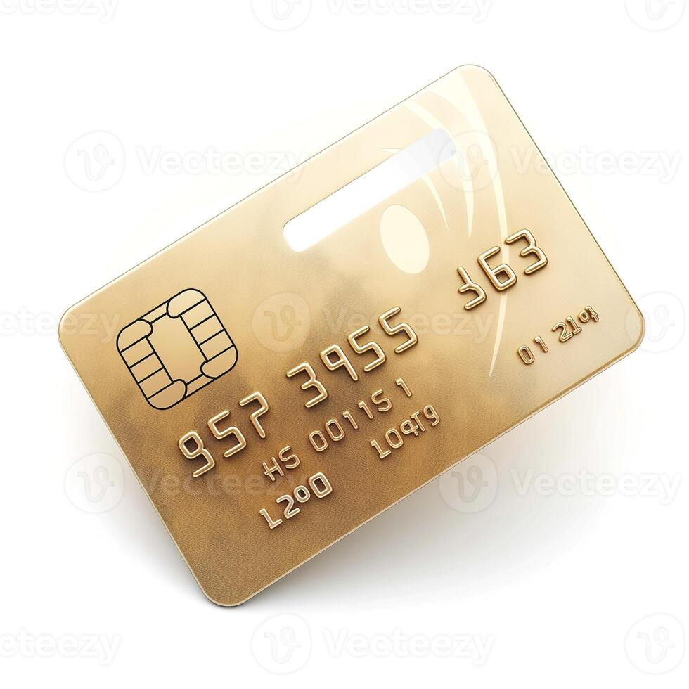 An elegant golden credit card showcasing a sleek design with embossed numbers and a chip. photo