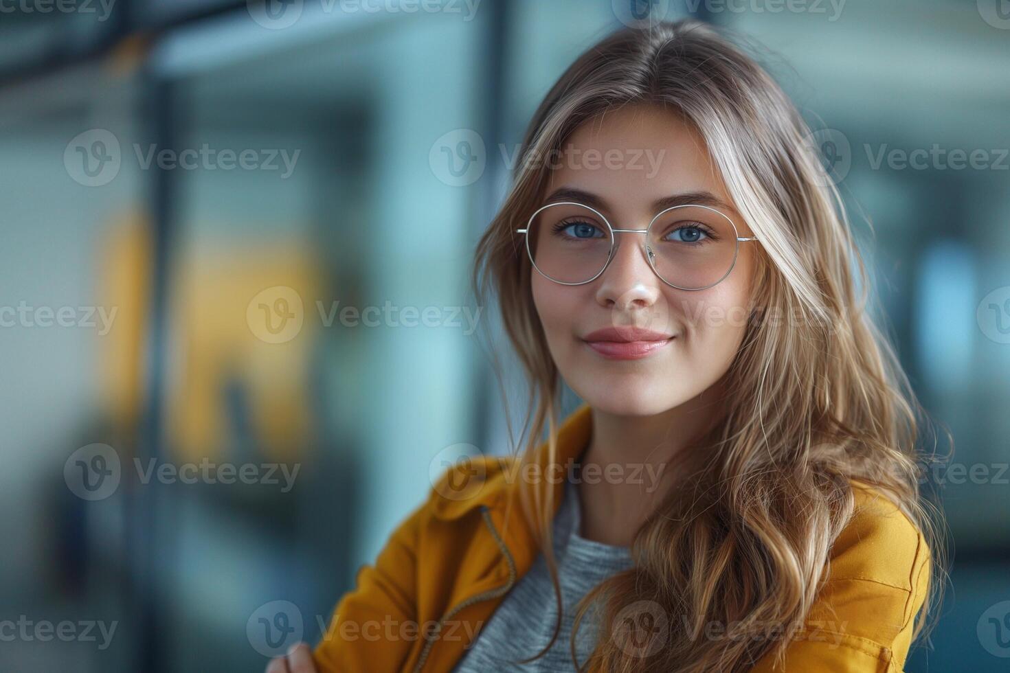 Confident young woman with long hair and glasses, wearing a cozy yellow jacket, smiles warmly against a modern backdrop. photo