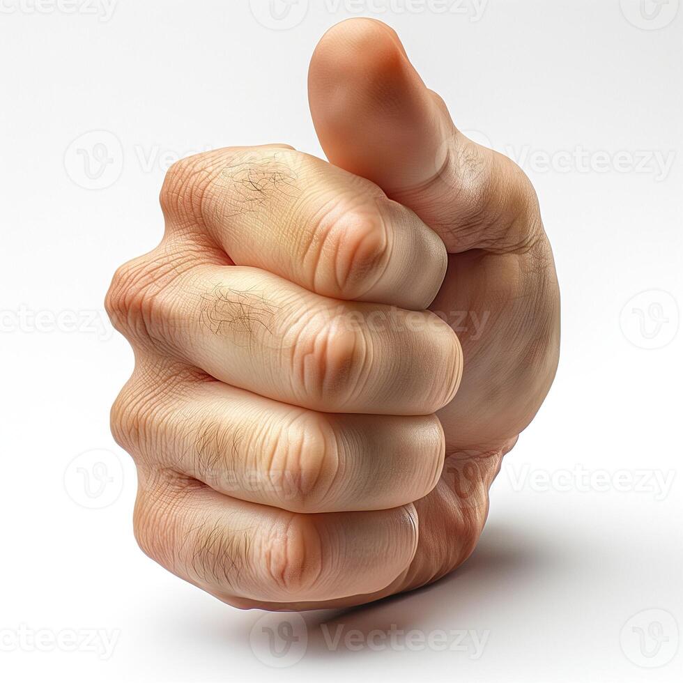 A realistic human hand, Caucasian male, giving a thumbs-up gesture against a plain background. photo