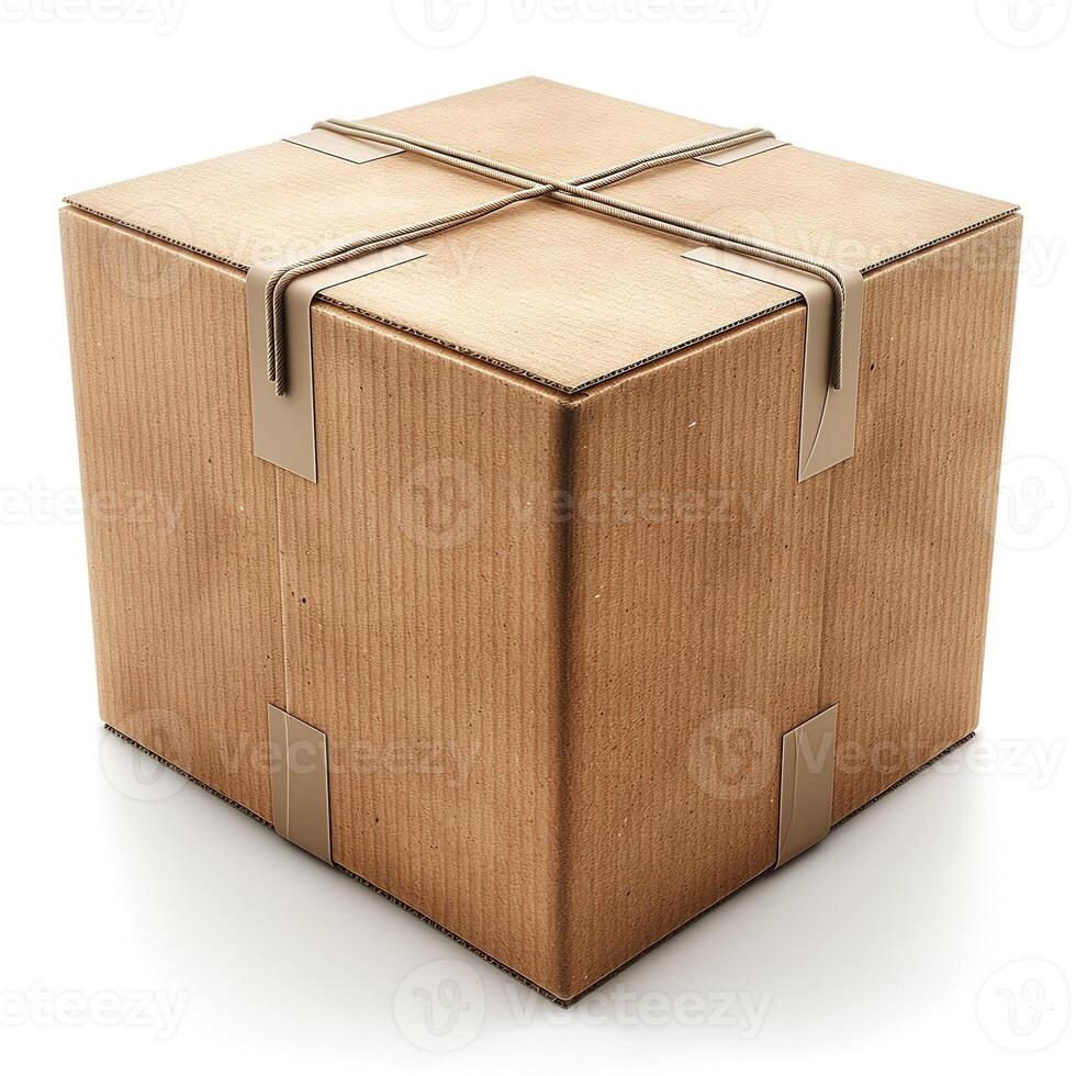 A cardboard box secured with rubber bands, ready for shipment. photo