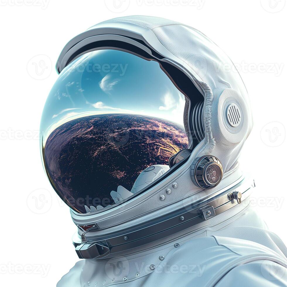An astronaut in a sleek, white suit gazes into the universe, with a reflection of Earth visible in the helmet's visor. photo