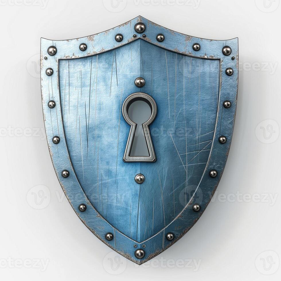 A metallic blue shield featuring a keyhole design, symbolizing protection and security. photo