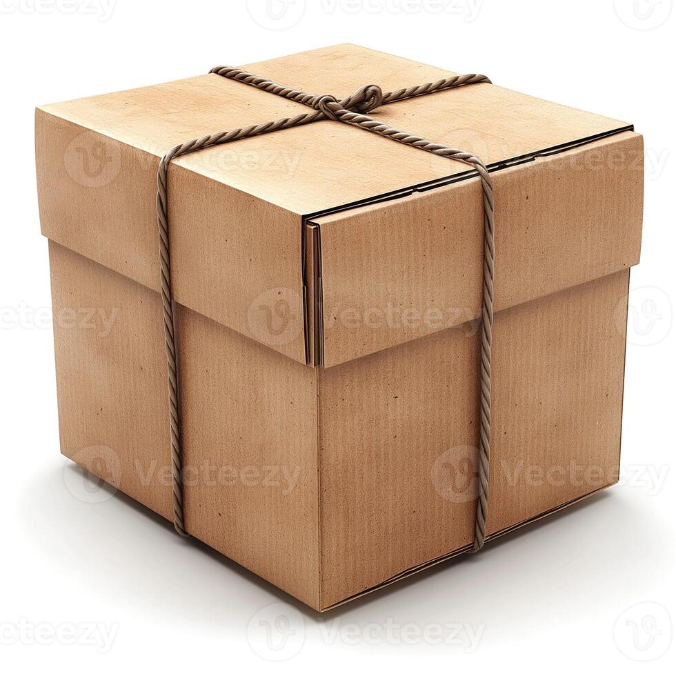 A neatly wrapped brown cardboard box tied with string, symbolizing shipment or gift-giving. photo