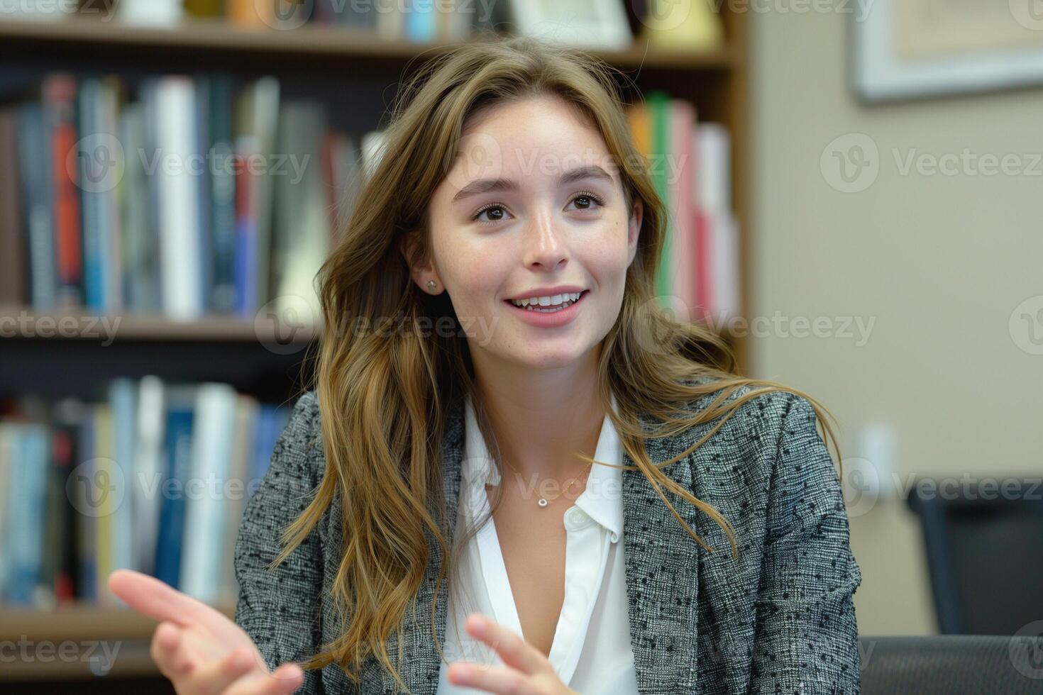 A smiling Caucasian woman in a business setting, engaging in conversation and radiating positivity. photo