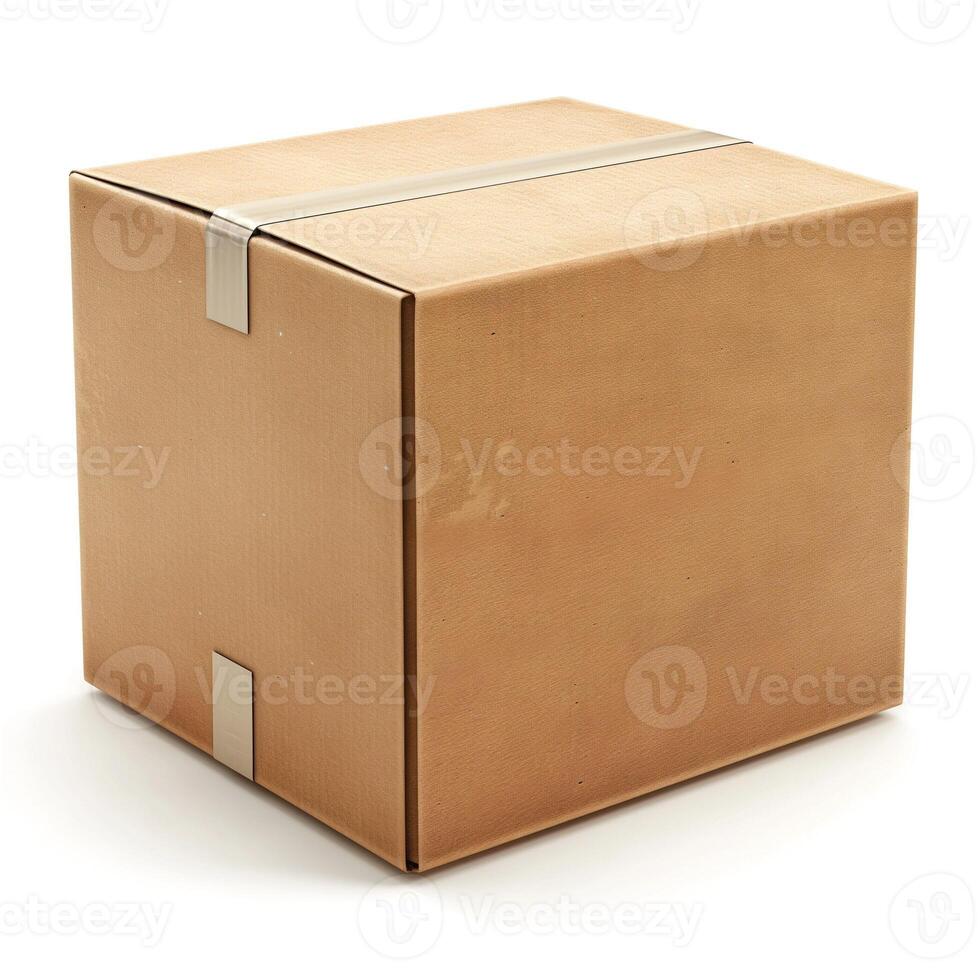 A plain, sealed cardboard box designed for shipping, featuring reinforced corners and a smooth brown surface. photo