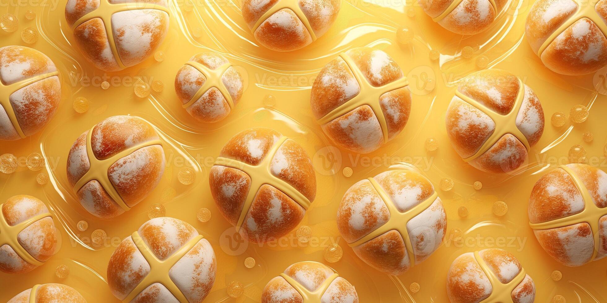 A vibrant and abstract arrangement of orange and white spherical shapes floating in a glossy yellow liquid. photo