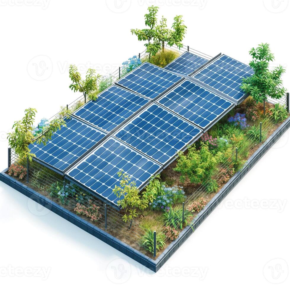 A vibrant solar panel installation surrounded by lush greenery and flowering plants, showcasing sustainable energy solutions. photo