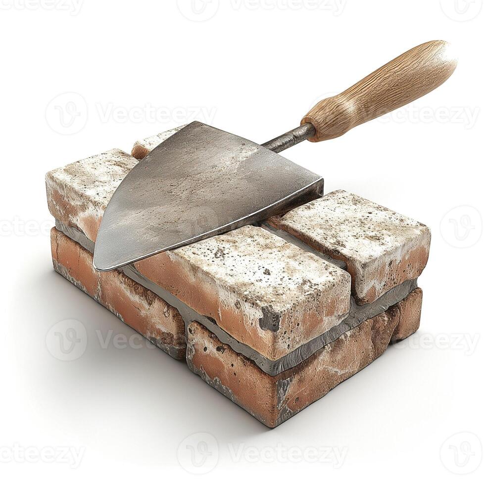 A trowel resting on laid bricks, showcasing craftsmanship in masonry work. photo