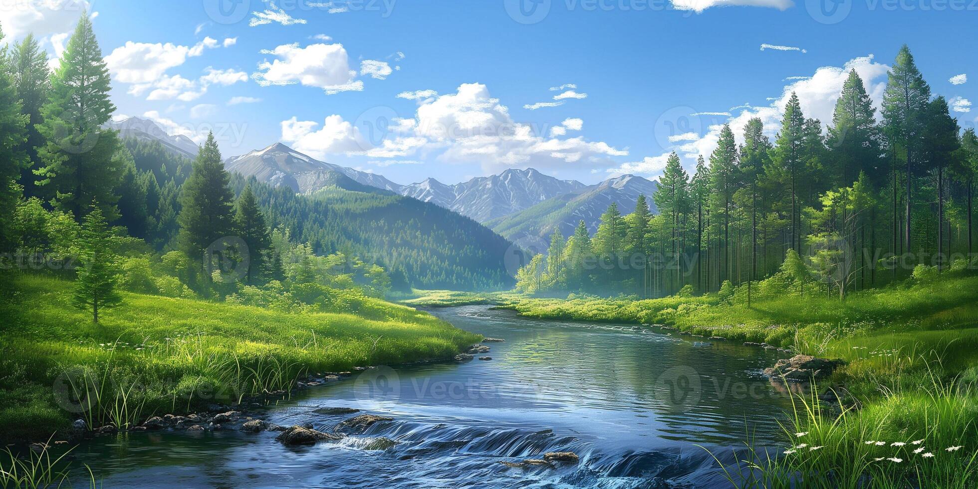 A serene landscape showcasing lush greenery, a flowing river, and majestic mountains under a bright blue sky. photo