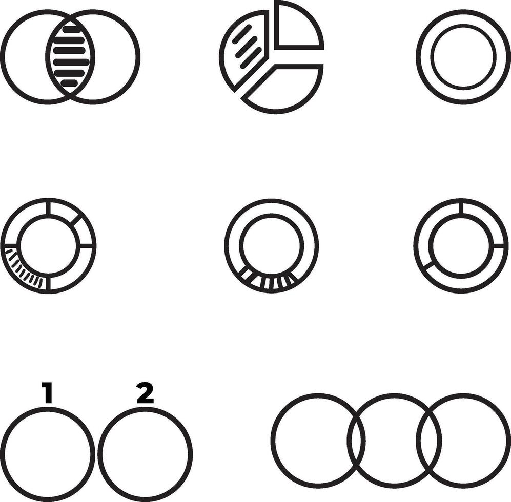 Charts and Data Visualization, linear style icon set. Information through graphs and diagrams. Pie charts for analytics and metrics. Editable stroke width. vector