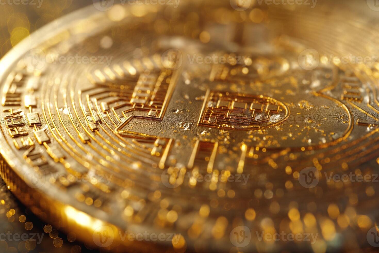 Close-up view of a shiny gold Bitcoin, showcasing intricate details and a luxurious texture. photo