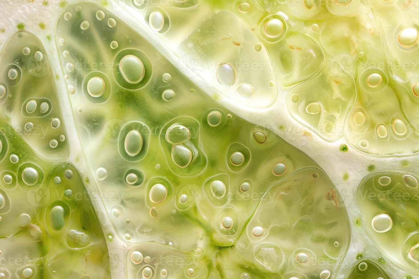 Close-up of a translucent green leaf revealing intricate patterns of bubbles and moisture. photo
