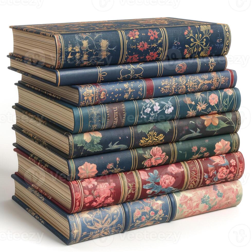 A beautifully arranged stack of vintage floral-patterned books showcasing intricate designs in deep colors. photo