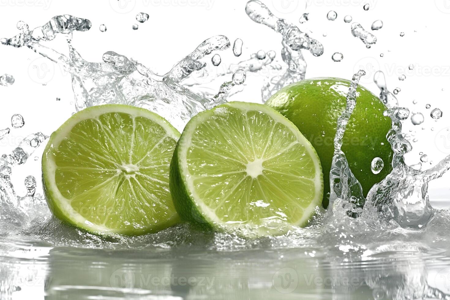 Fresh green limes with water splashes, showcasing vibrant colors and freshness. photo
