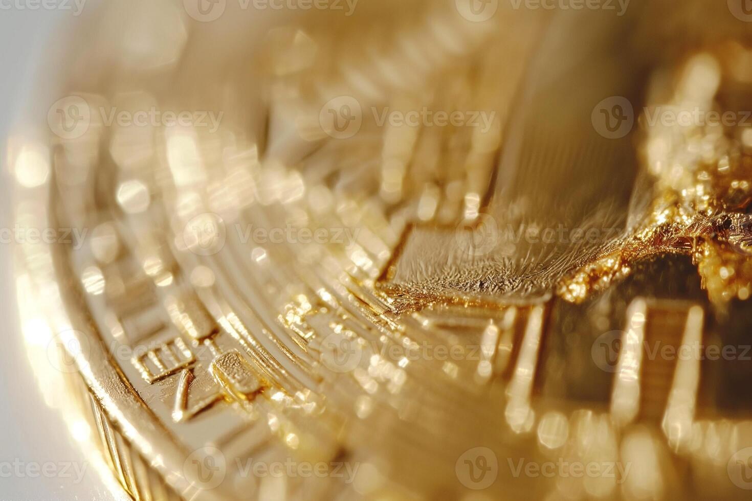Close-up of a shiny gold cryptocurrency coin, showcasing intricate details and reflecting light beautifully. photo